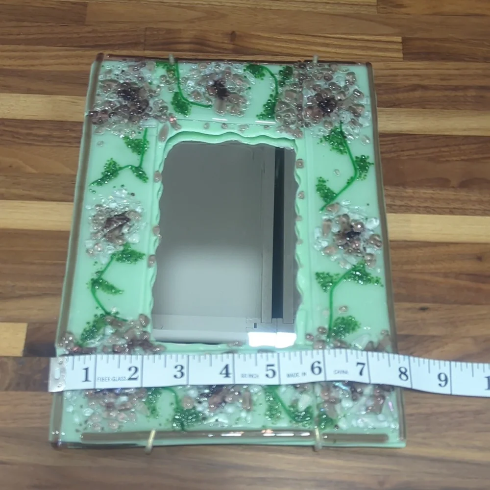 Artist made 8x10 fused glass mirror with hanger flowers green